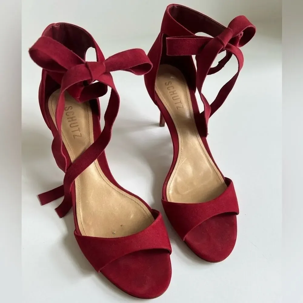 Anthropologie Schutz Tilan Red Suede Ankle Tie Stiletto Heels Women's Size 9